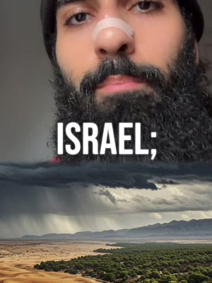 The cover image presents a split composition. At the top, it features a close-up of a man's face with a bandage on his nose and a black beanie. The bottom half shows a landscape with stormy clouds over a desert or arid region, transitioning into an area of green vegetation near the horizon.