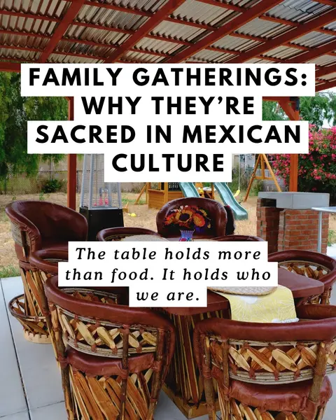 A sunny outdoor scene featuring a wooden table set with plates and napkins. Surrounding the table are ornate chairs with woven backs and brown leather seats. Above, a red-toned wooden pergola provides shade. The background includes a play area and green foliage.