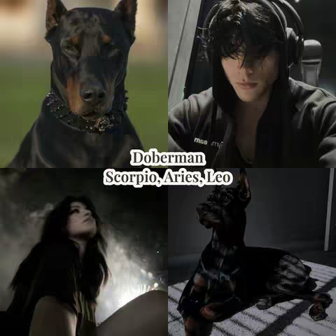 The cover image is a 2x2 grid of four different images. The top left shows a doberman dog sitting on a lawn. The top right image is of a young man with black hair who is wearing a hoodie and headphones, who looks to be recording at a desk. The bottom left image features a woman looking up with her eyes closed. The bottom right shows an image of a doberman sitting down.