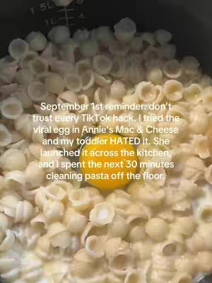 The cover image shows a close-up shot of cooked pasta with an egg yolk in the center, suggesting the result of a failed TikTok recipe attempt.