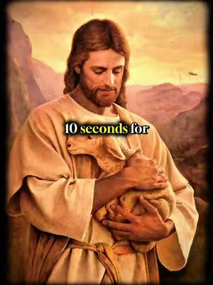 The image features a classical painting of Jesus Christ holding a lamb. Jesus is depicted with long brown hair and a beard, wearing a beige robe and a brown sash. He looks down at the lamb with affection, set against a blurred background of mountains and a sunset.