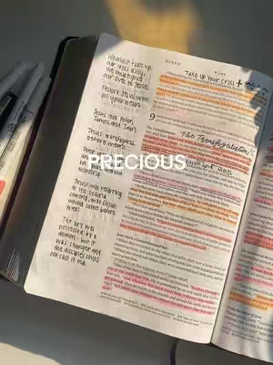 An open bible is displayed, with highlighted text and handwritten notes. The word 'PRECIOUS' is overlaid in a soft, white font. Light reflects off the pages, creating a warm, inviting ambiance.