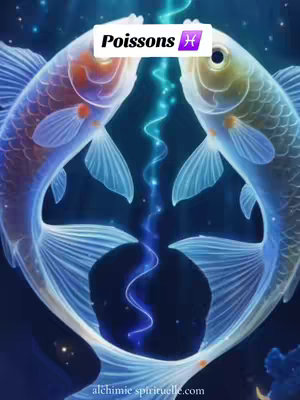 An artistic illustration featuring two stylized fish facing each other, with ethereal blue and white details. They are interconnected by a glowing, wavy line that resembles energy or light. The background is a dark, deep blue which creates a contrast with the luminous fish and the connecting line.