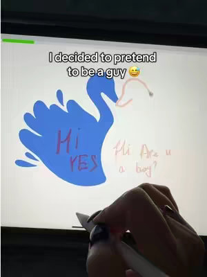 The image shows a digital drawing on a tablet. A hand holding a stylus is visible in the foreground. The drawing depicts a stylized swan in blue, with the text "Hi YES" inside. To the right of the swan, in a rough handwriting style, is the text "Hi Are u a boy?". The background is plain, with no other visual details.