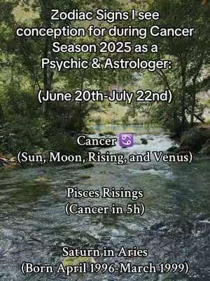 The cover image shows a scenic view of a river flowing through a lush green forest. Text overlayed on the image contains information about astrology and fertility forecasts, specifically focusing on the Cancer season in 2025 and related astrological events.