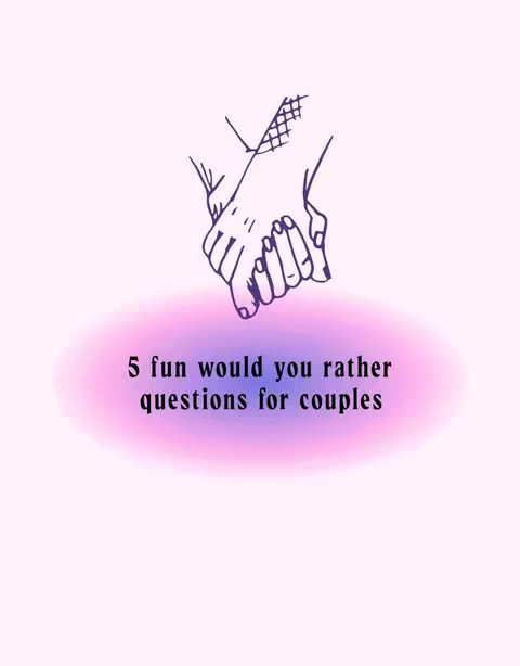 The image showcases a line drawing of two hands clasped together, symbolizing a connection. Below the hands, a soft pink and purple gradient background contains text: '5 fun would you rather questions for couples.' The layout is clean and promotes the couple's topic.