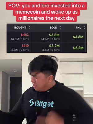 The image is a screen recording of a financial app, showing a person's investment results. The main focus is on the person's reaction with a surprised face. Above them is a red banner with text that reads, 'POV: you and bro invested into a memecoin and woke up as millionaires the next day'. The background is a plain, white wall.