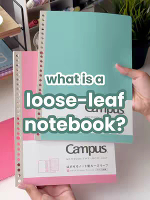 A person's hands holding two loose-leaf notebooks of different colors. The top notebook is a light teal color, and below is a pink notebook. The bottom notebook has the brand 'Campus' visible. Text overlays read 'what is a', 'loose-leaf', and 'notebook?'
