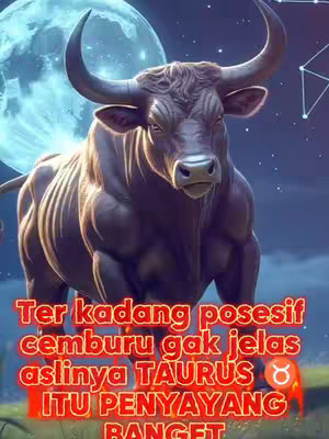 A digital artwork featuring a muscular bull, the symbol of Taurus, standing prominently. The bull is a dominant figure with dark, textured skin and powerful, defined muscles. Large, curved horns extend from its head. Behind the bull is a bright, full moon dominating the background, casting a soft, blue glow. In the upper right, a constellation of stars suggests a night sky. Overlaid on the image, in a striking fire-orange gradient, is text that describes some of the traits associated with Taurus.