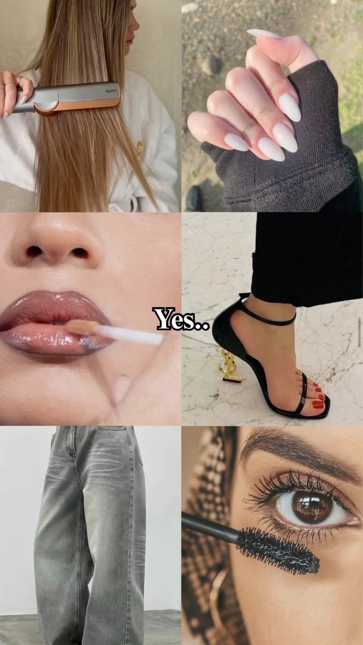 A collage showcasing various beauty and fashion elements.  It includes a woman straightening her hair, a close-up of manicured nails, a close-up of glossy lips being glossed, a woman's foot in a high-heeled sandal with a designer logo, a view of grey jeans, and a close-up of an eye with mascara.