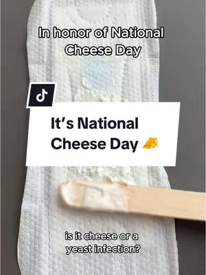 A cover image showing a sanitary pad with a white creamy substance on it. A wooden stick touches the cream, and the text over the image says, "In honor of National Cheese Day." Additional text bubbles say, "It's National Cheese Day" and "is it cheese or a yeast infection?"