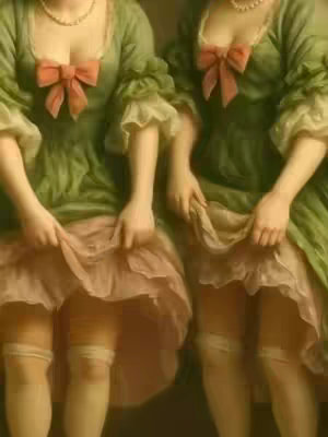 An oil painting depicting two women standing side by side. They are both wearing green dresses with ruffled sleeves and pink bows at the neckline, with their skirts raised slightly to reveal pink petticoats, white stockings, and golden-toned legs.