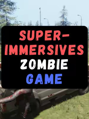 The image is a vertical composition featuring a black rectangular overlay at the center, against a background of a grassy field with a partly visible vehicle and trees under a bright sky. The overlay contains large, multi-colored text that reads, 'SUPER-IMMERSIVES ZOMBIE GAME.' In the background, a disheveled vehicle with a visible zombie arm adds to the gaming theme, while the sky and trees suggest an outdoor environment.