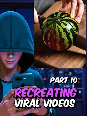 The cover image is a split view with a right-side panel that shows a watermelon being sliced with two knives on a wooden cutting board. The left side features a digitally created person with a hooded sweatshirt, appearing to interact with a phone. Below, overlaid text in a bold, multi-colored font announces "PART 10 RECREATING VIRAL VIDEOS."