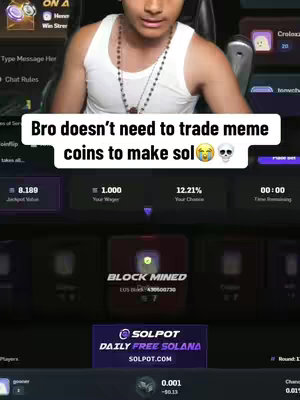 The cover image shows a young man in a white tank top looking at the camera. Overlay text in a white box reads, "Bro doesn’t need to trade meme coins to make sol 😭💀". Behind him is a screen displaying digital interfaces, including a "SOLPOT" logo and several interactive elements that may relate to crypto trading or games.