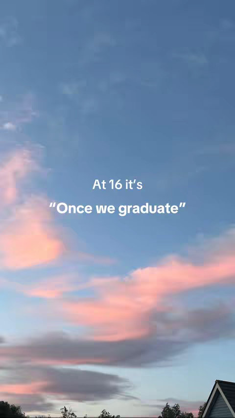 A vertical image shows a sky gradient of blue at the top transitioning to pink and orange near the horizon. A dark silhouette of a rooftop is visible at the bottom right corner. White text overlays the image.
