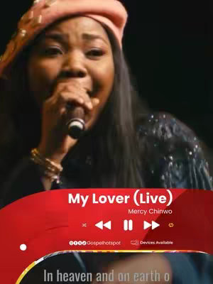 The cover image features Mercy Chinwo, a female gospel singer, performing on stage. She is holding a microphone close to her mouth, appearing to be singing with passion. She wears a pink beret and a black beaded top. Overlayed on the bottom portion of the image is a red bar with song details. The background is dark, emphasizing the singer.