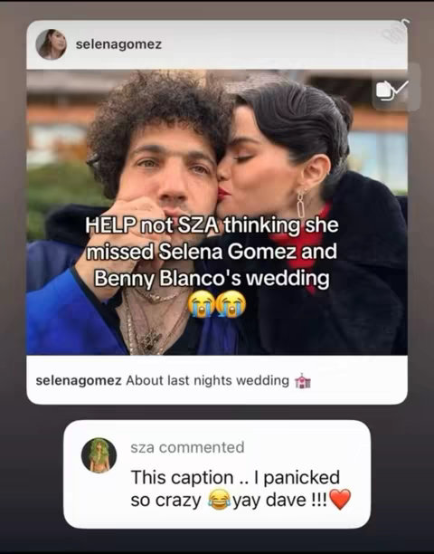 The image is a screenshot of an Instagram post featuring a photo of a man and woman and the caption 'HELP not SZA thinking she missed Selena Gomez and Benny Blanco's wedding' with SZA's comment in a speech bubble below the main image. The man in the primary photo has curly hair and is looking at the camera, while the woman kisses his cheek. The comment includes text and laughing emojis. The background is of medium depth and is slightly out of focus.