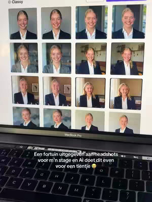 A laptop screen displays multiple headshot photos, showcasing a collage of the same person in various poses. The keyboard in the foreground is visible, along with text overlayed near the bottom of the screen.