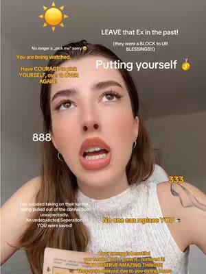 A vertical selfie-style image featuring a woman with light skin, brown hair, and a white top. She is looking upwards with an open mouth. The background is a light, blurred setting. Text overlays are arranged around her face, including phrases and symbols, like the numbers 333 and 888.