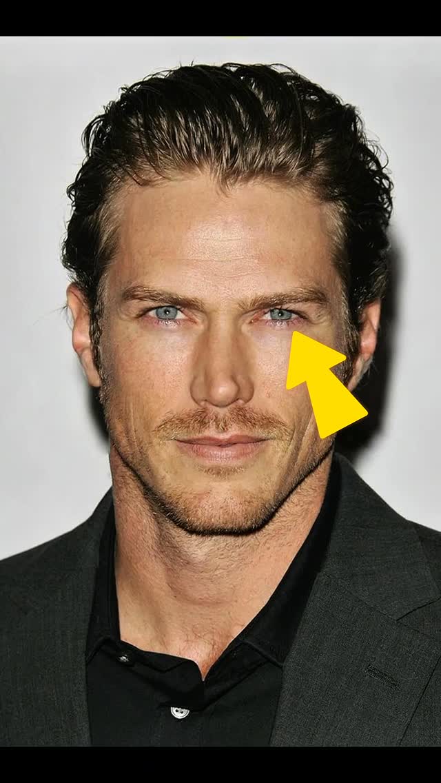 A portrait of a man with short, dark hair and blue eyes. He has a mustache and stubble. A yellow arrow points to his eye. He is wearing a black shirt and a dark grey suit jacket. The background is white.