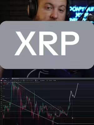 The cover image shows a man with headphones on, overlayed with a large white rectangular box. Inside the box is the word "XRP" in bold white text. Below the box is a chart displaying a stock chart.