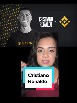 The cover image is a split image arranged vertically. On the upper portion, Cristiano Ronaldo is seen smiling, paired with a logo that reads "CRISTIANO RONALDO" alongside a Binance logo, all set against a black background with text on the left describing Ronaldo's accomplishments. The lower portion shows a woman speaking at the camera, with an overlay of the text "Cristiano Ronaldo" on a blue and red background.