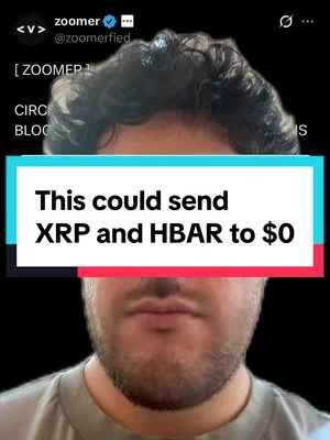 A selfie-style image captures a man against a black background. Across his face is a rectangular bar with a teal background. The bar has white text which includes the claim that cryptocurrencies XRP and HBAR could go to zero.