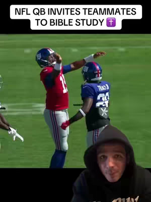 A cover image shows an NFL player in a red jersey with the number 11, arms raised in celebration, next to another player in a blue jersey in a football field setting. Below the football footage, a smiling man looks at the camera.
