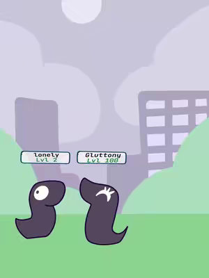 The image shows two dark, amorphous creatures in a cartoonish style. They are positioned on a green grassy area, with a backdrop of stylized buildings and rolling hills under a cloudy sky and a large moon in the background. Above them are two rectangular text boxes with text labels reading 'Lonely, Lvl 2' and 'Gluttony, Lvl 100'.
