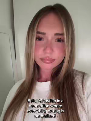 A medium shot of a young woman with long blonde hair is framed from the chest up, centered against a plain background. She is gazing directly at the camera with a neutral expression. Text overlays at the bottom read: 'Being Christian in a generation where everything wrong is normalized.'