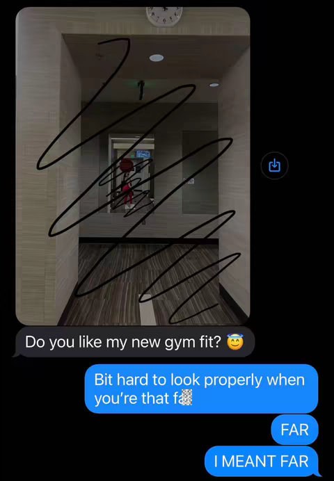A screenshot of a text message conversation is displayed over a plain black background. The main visual element is a perspective view down a hallway with light-colored walls and a dark wooden floor. A person in a gym fit is seen from behind reflected in the mirror. A large black scribble obscures part of the image, and some text overlay appears.