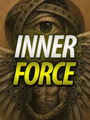 The image is a digital artwork with a central figure, a torso with many eyes covering the body. Above the torso, there is a head with multiple eyes in a circular pattern. Overlaying this figure is the text 'INNER FORCE' in large, bold, white letters with a yellow glow. The artwork has a grainy texture and uses a muted, earthy color palette of browns and tans, creating a sense of depth and the mystical.