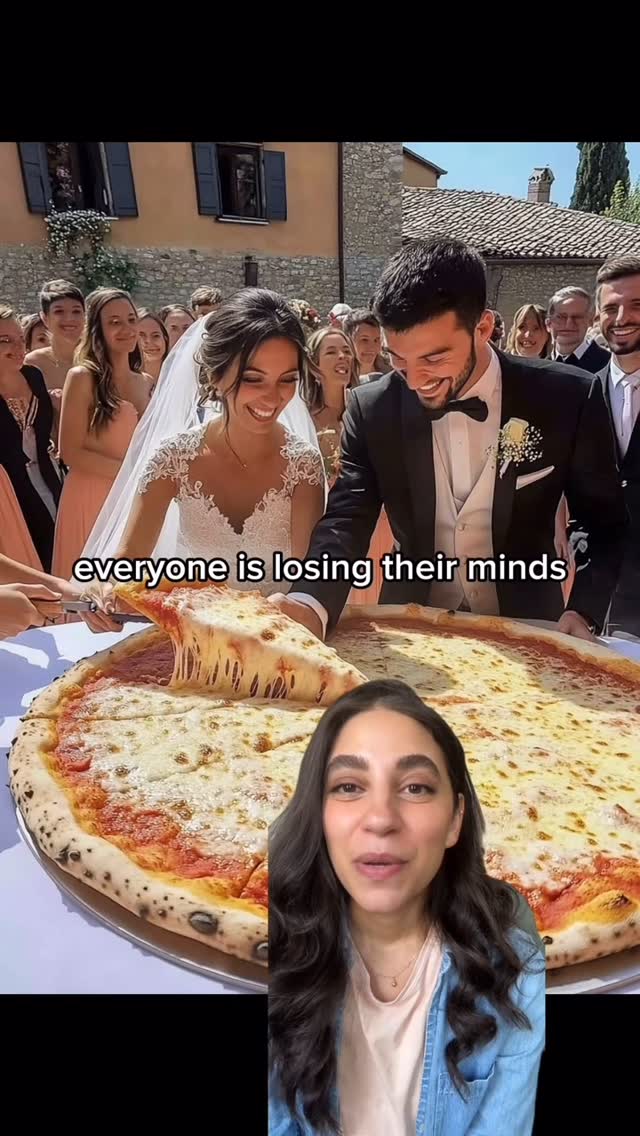 A wedding photo of a bride and groom joyfully cutting into a giant pizza, with guests and the creator at the bottom right.