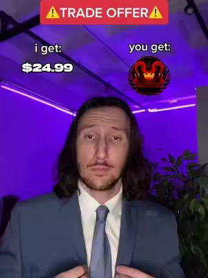 A man in a suit presents a 'trade offer' with text overlays. The background is a purple gradient with horizontal light fixtures, and a leafy plant is visible on the right edge.