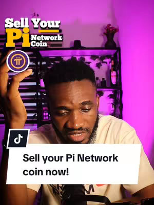 A man holding a Pi coin in front of his face, superimposed with text and graphic elements. The background features shelves and a purple hue.