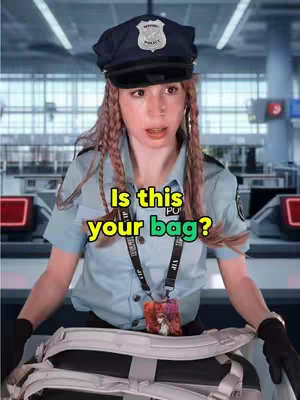 A person dressed as a police officer at an airport holds a bag, speaking to the camera. The background is blurred but shows an airport setting with check-in counters.