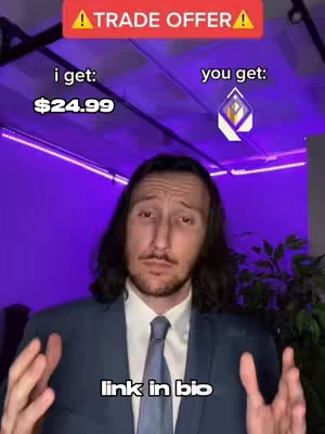 A man in a suit is holding both hands up, with overlay text that says "TRADE OFFER". The background has purple lighting.