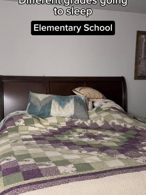The cover image shows a bed with a brown headboard. There are two pillows on the bed which are blue and white. The quilt is a checkered pattern of green and purple squares.