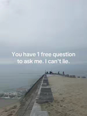 The image shows a seaside scene with a man-made pier extending into the ocean under an overcast sky. The message 'You have 1 free question to ask me. I can't lie' is centered on the image.