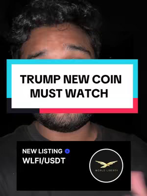 The cover image is a portrait-style shot featuring a person's upper body against a dark background. At the center, a rectangular overlay is present, with a white backdrop and teal on top/red on the bottom. The text "TRUMP NEW COIN MUST WATCH" is prominently displayed in a bold, black font. Below this, there is a black banner that includes the words "NEW LISTING" associated with a cryptocurrency listing and a logo. The person's face covers the top portion of the image.