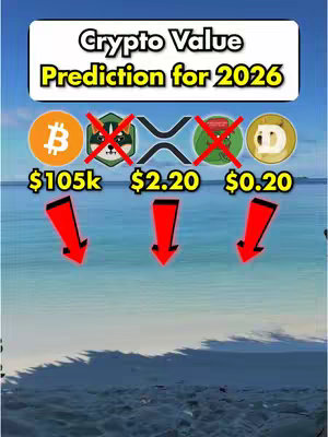 The image is a vertical graphic with a light blue background depicting a beach scene. At the top, a yellow rectangular banner with black text reads "Crypto Value Prediction for 2027". Below that, there are several cryptocurrency logos: Bitcoin (BTC), Shiba Inu (SHIB), XRP, which has a red "X" through it, and Dogecoin (Doge). Under each logo, there are numbers representing predicted values, and red arrows are indicated below each symbol. The overall design is clean and informative, aiming to present financial predictions in a visual format.