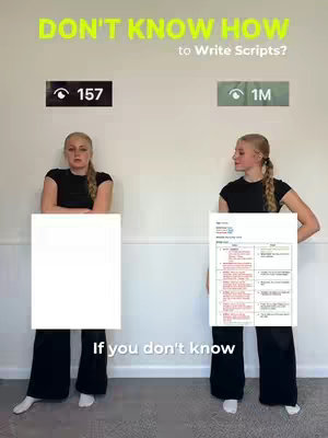 The image presents a split-screen composition against a plain white wall. On the left, a woman in a black top and pants holds a blank white sign, with text overlaying above stating, 'DON'T KNOW HOW to Write Scripts?' and a views counter, also on the left's side of the top. The right side shows the woman holding a document with text, accompanied by a visual confirmation icon and a views counter. The text 'If you don't know' is placed at the bottom. The background color is plain white. The woman on the left of the illustration has a displeased expression, and on the right side has more relaxed and informed expression. The layout is symmetrical, emphasizing comparison, with a focus on scriptwriting.