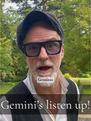 A man with a beard and sunglasses is in the foreground, with a blurred green background. The image has text overlays. A hat is on his head, and the text "Gemini's listen up!" appears at the bottom.