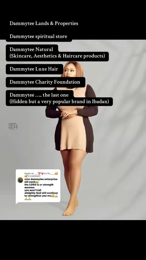The cover image features a woman in a black and beige dress posing in a studio setting. Behind her, there is a neutral-colored background. The image has several text overlays listing various brands and services under the Dammytee brand.