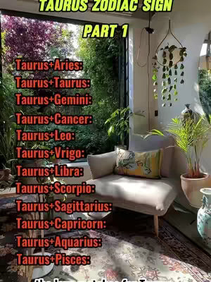 An indoor scene with an open door revealing a lush garden. A white armchair with a patterned pillow sits near the door. Text overlays in red and yellow list Zodiac compatibility with the sign Taurus. The setup suggests compatibility insights in the video.