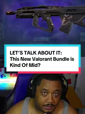 The cover image features a split screen. At the top is a digital rendering of a dark-colored futuristic rifle against a purple and blue gradient background. Below, a man with short dark hair, wearing a gray tank top, is shown looking at the camera. Above him is a turquoise and white bar with the words "LET'S TALK ABOUT IT: This New Valorant Bundle is Kind Of Mid?"