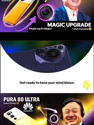A composite image promoting the Huawei Pura 80 Ultra. It is divided into three sections. The top section features a product shot of the phone with a side panel showing a close-up of its cameras, overlaid with the text "MAGIC UPGRADE" and "1-Inch Camera!". The middle section displays a close-up of the phone's camera array. The bottom section shows a full phone with the Huawei logo and the name Pura 80 Ultra, along with a man's portrait to convey its features. The overall composition uses a dynamic layout, aiming to capture viewers' attention with its bold presentation and focus on the product's key features.