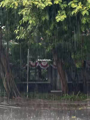 The image captures a rainy day scene. Rain streaks downwards in front of lush green trees, creating a vertical pattern. The foreground shows a wet road surface. The text overlay is in the center-bottom part of the photo, below the trees. The overall feel is serene, possibly slightly melancholic.