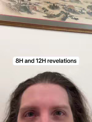 The cover image shows a close-up view of a person with long hair, with a white background behind them. Above the person's forehead is a white rectangular shape is centered that contains the text: "8H and 12H revelations". Above that is a framed painting on the top edge of the frame.
